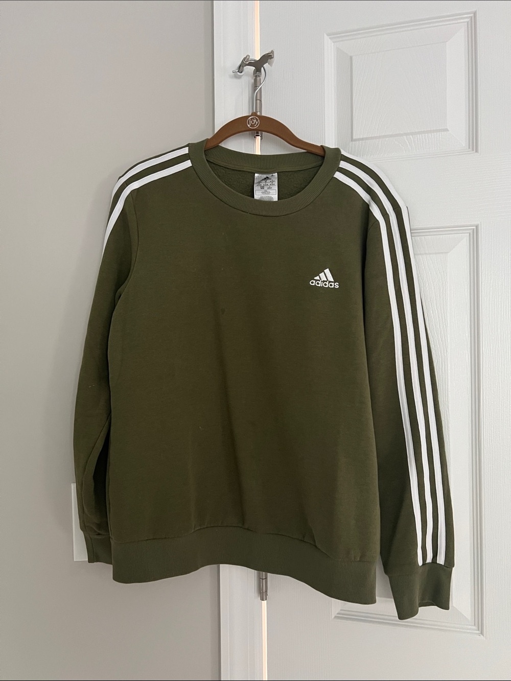 adidas Olive Green Crewneck Sweatshirt with White Three Stripes